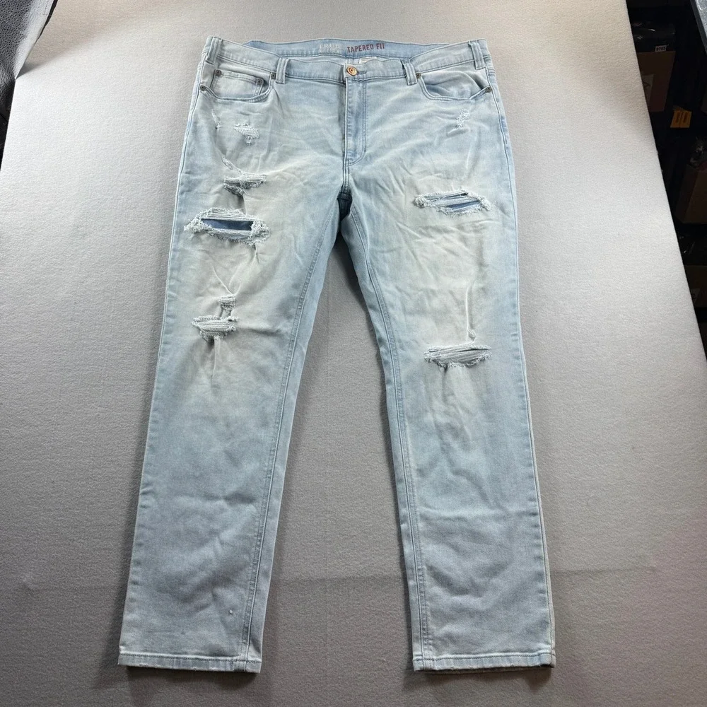 True Nation Tapered Fit Jeans Mens 44x30 Light Blue Distressed Stretch Denim